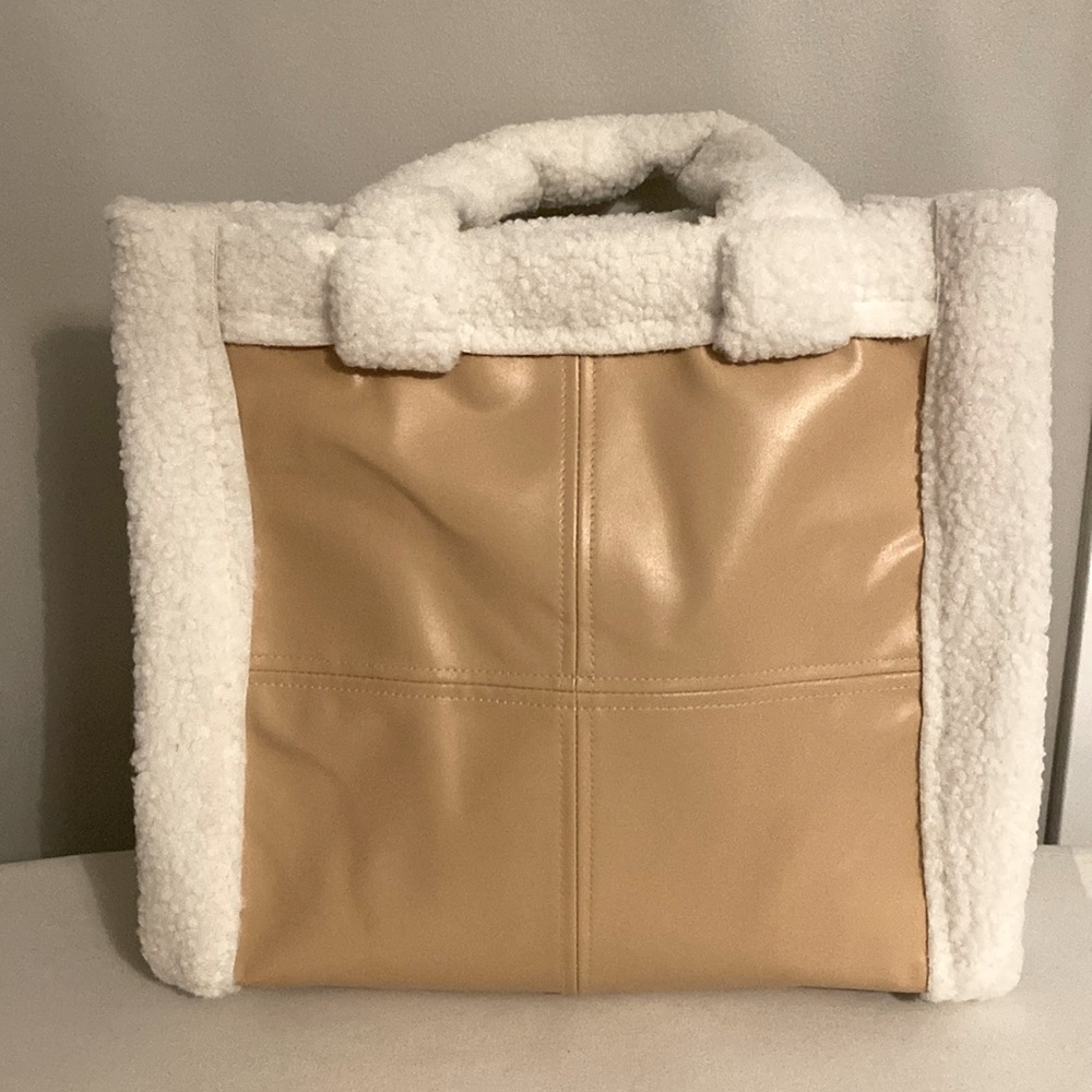NWT taupe leather and Sherpa trim tote bag